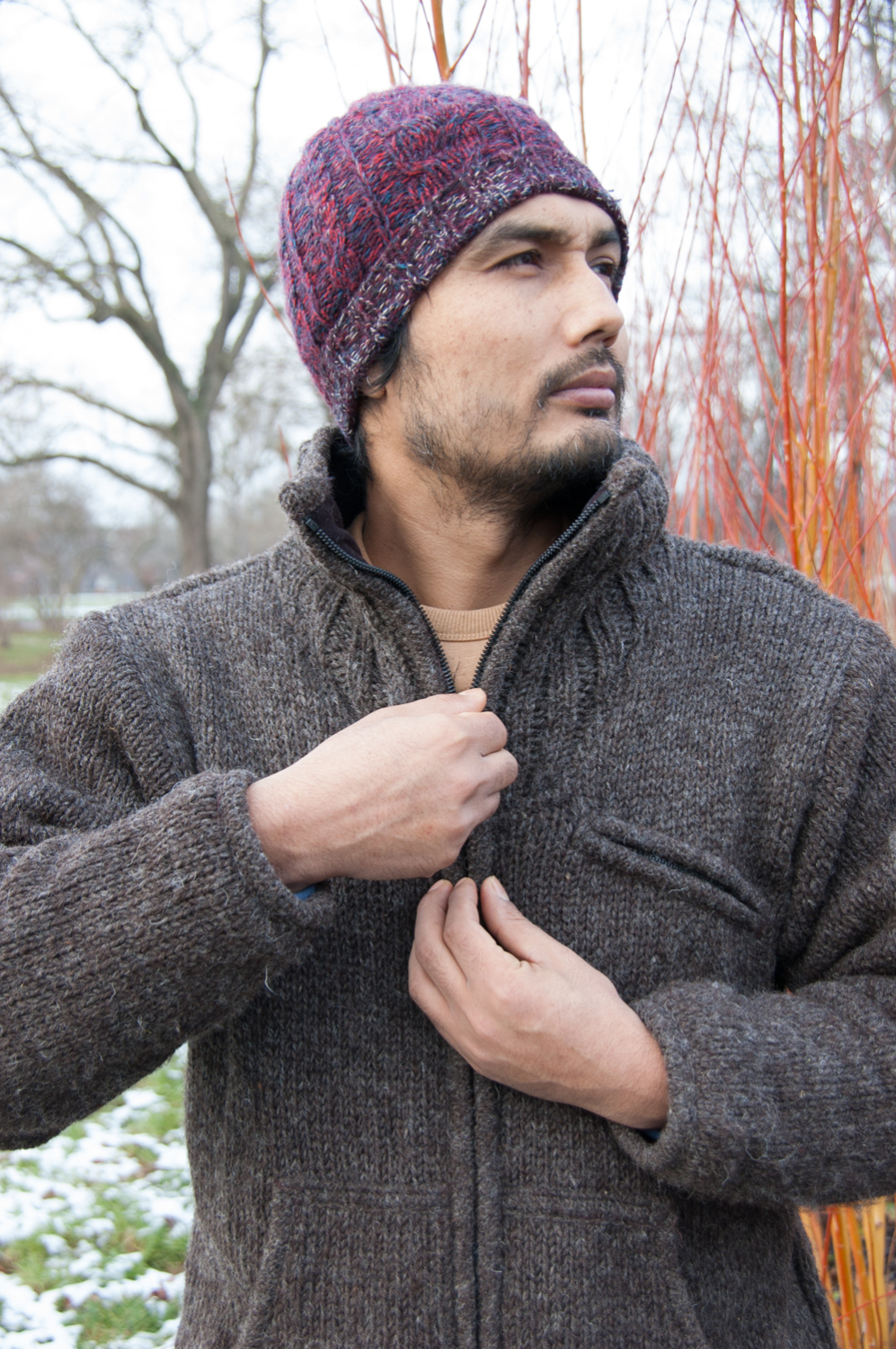 Kurze Uni Wolljacke mit Armtasche und Fleece-Innenfutter, braun, Uni