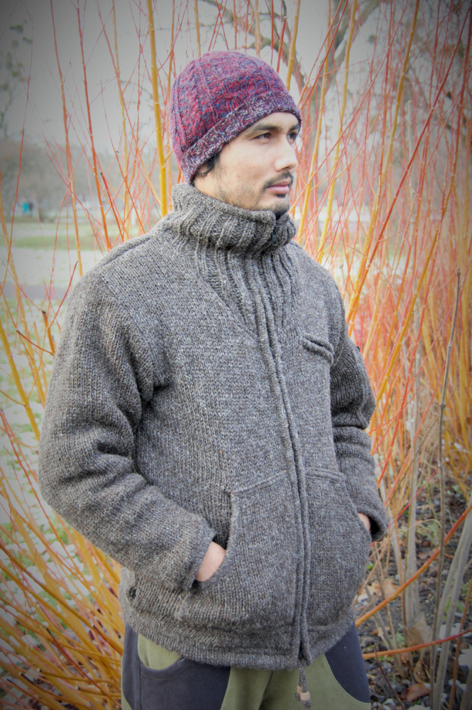Kurze Uni Wolljacke mit Armtasche und Fleece-Innenfutter, braun, Uni